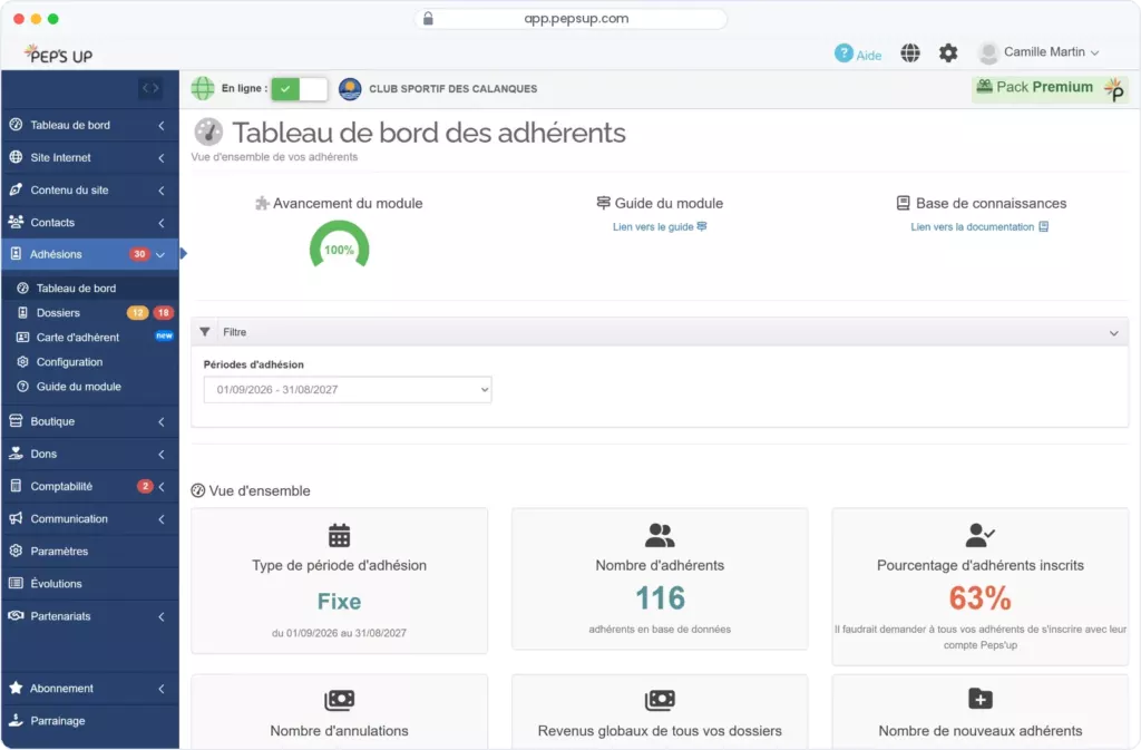 Capture du logiciel Pep's Up — Adhésion en ligne