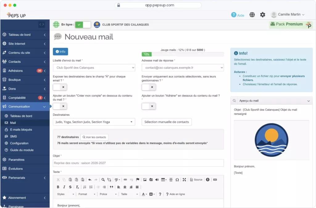 Capture du logiciel Pep's Up — Communication