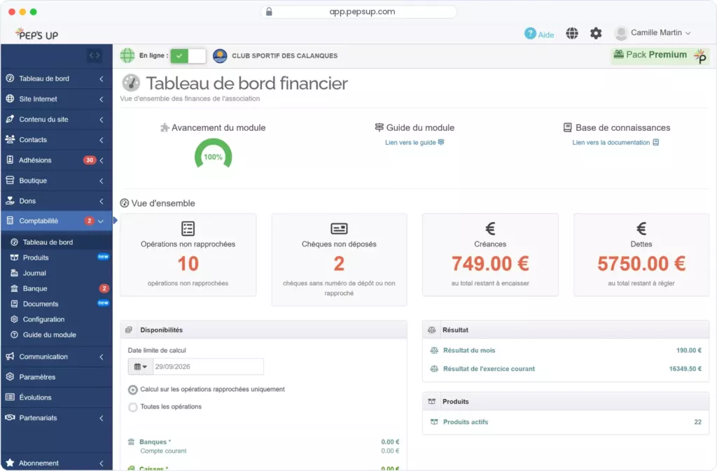 Capture du logiciel Pep's Up — Comptabilité