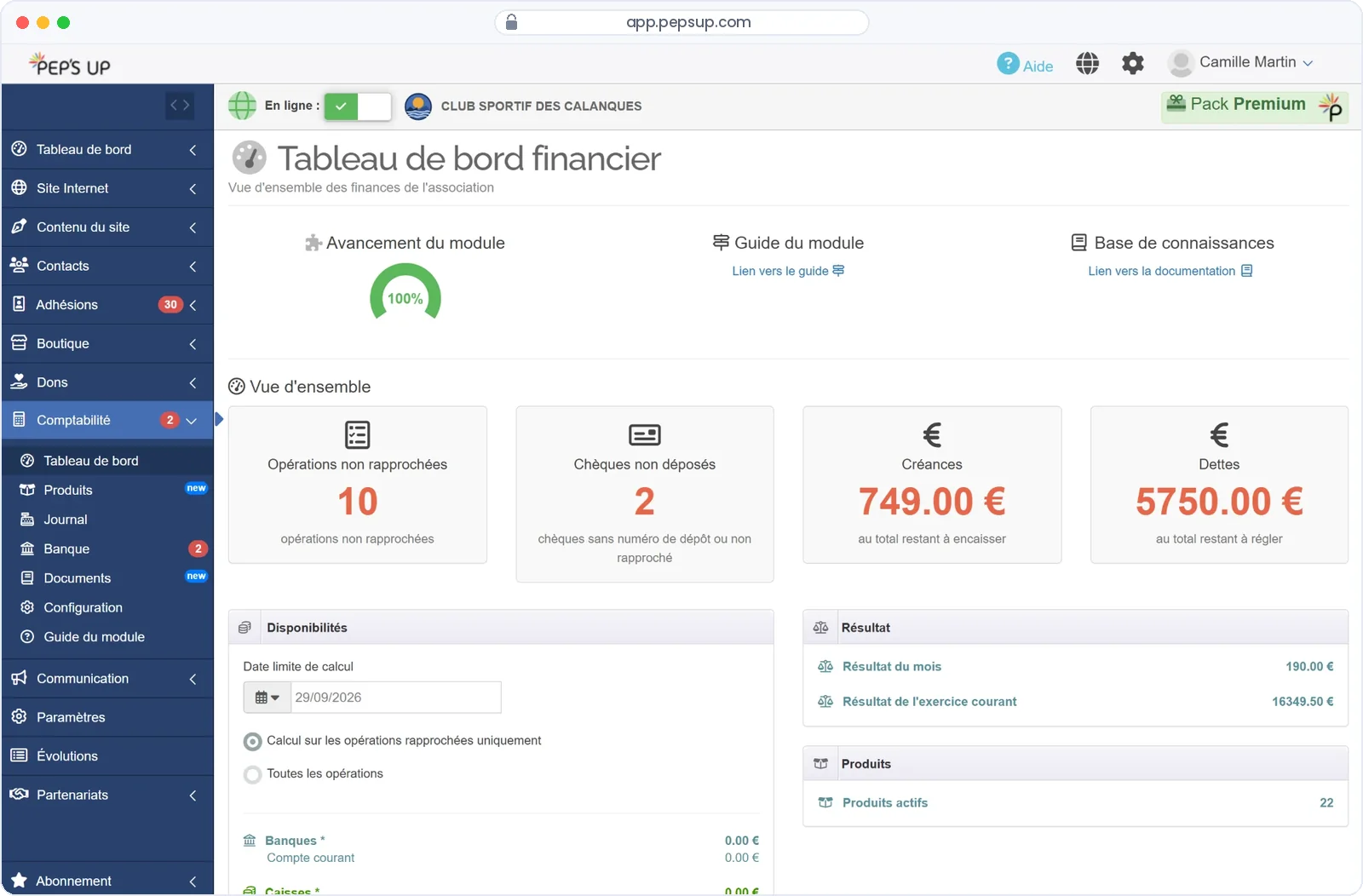 Capture du logiciel Pep's Up — Comptabilité