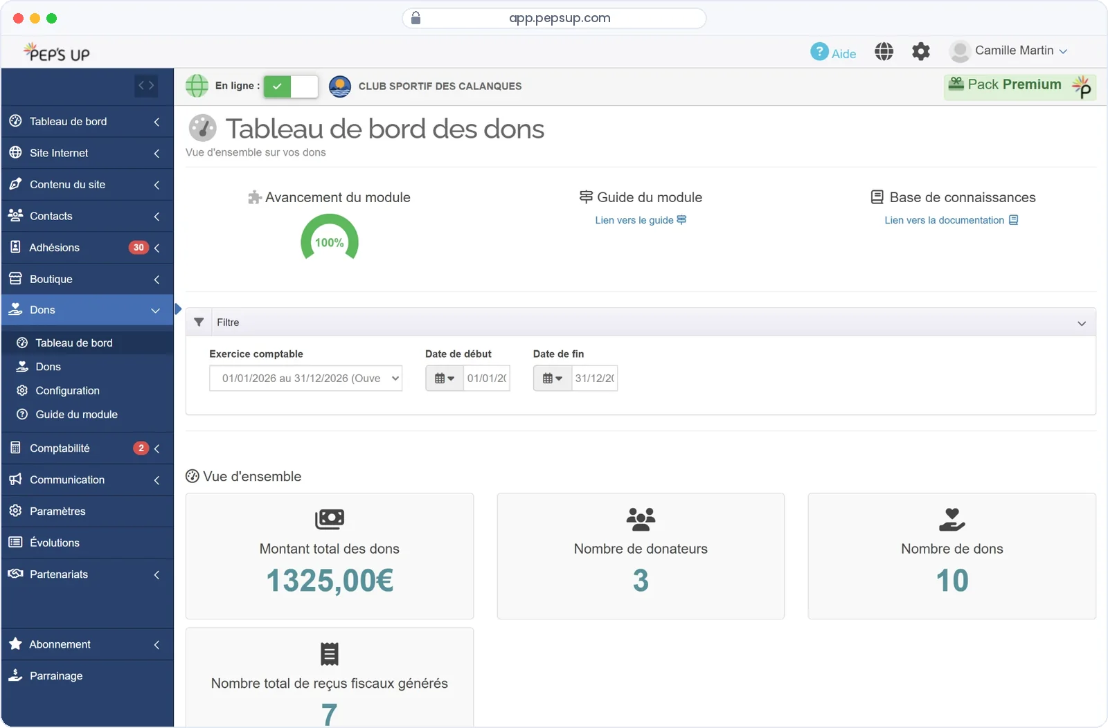Capture du logiciel Pep's Up — Dons et reçus fiscaux
