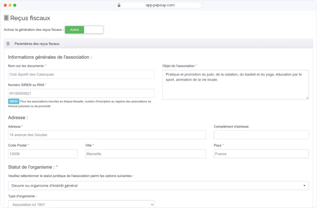 Interface Pep's Up — Dons et reçus fiscaux