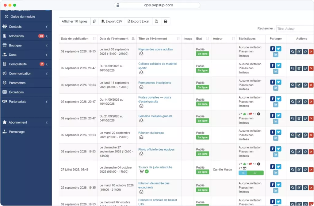 Capture du logiciel Pep's Up — Événements