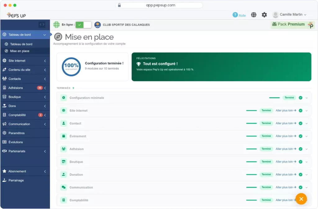 Interface Pep's Up — Logiciel en ligne
