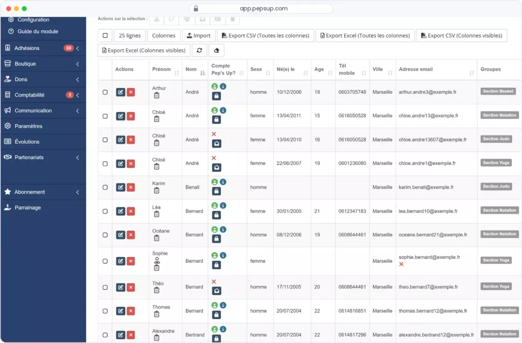 Capture du logiciel Pep's Up — Gestion des membres