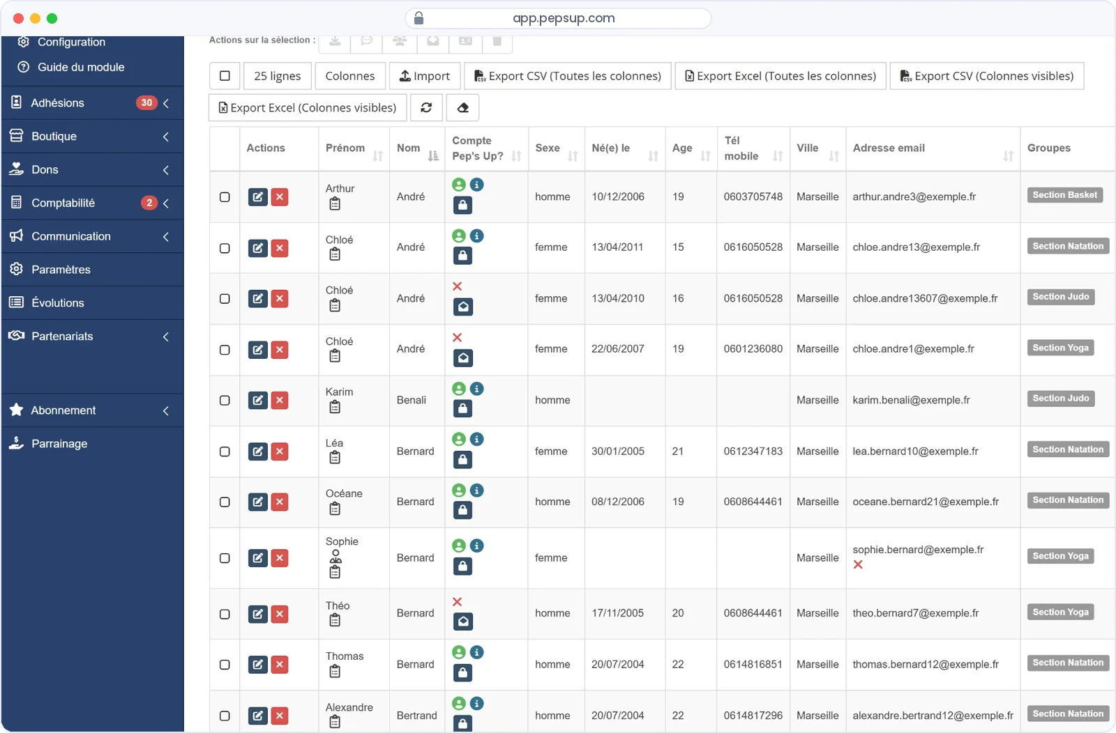Capture du logiciel Pep's Up — Gestion des membres