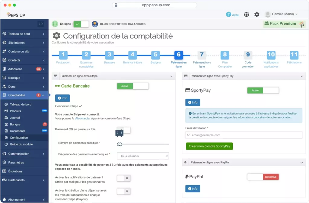 Capture du logiciel Pep's Up — Paiement en ligne