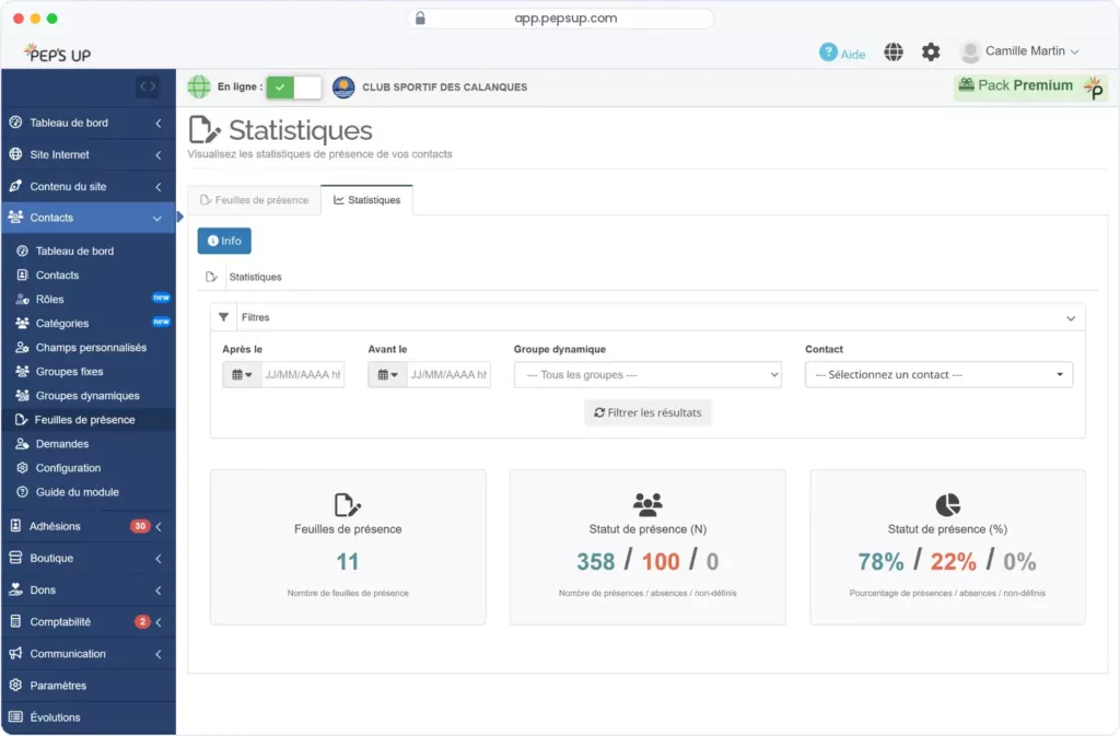 Interface Pep's Up — Gestion des présences