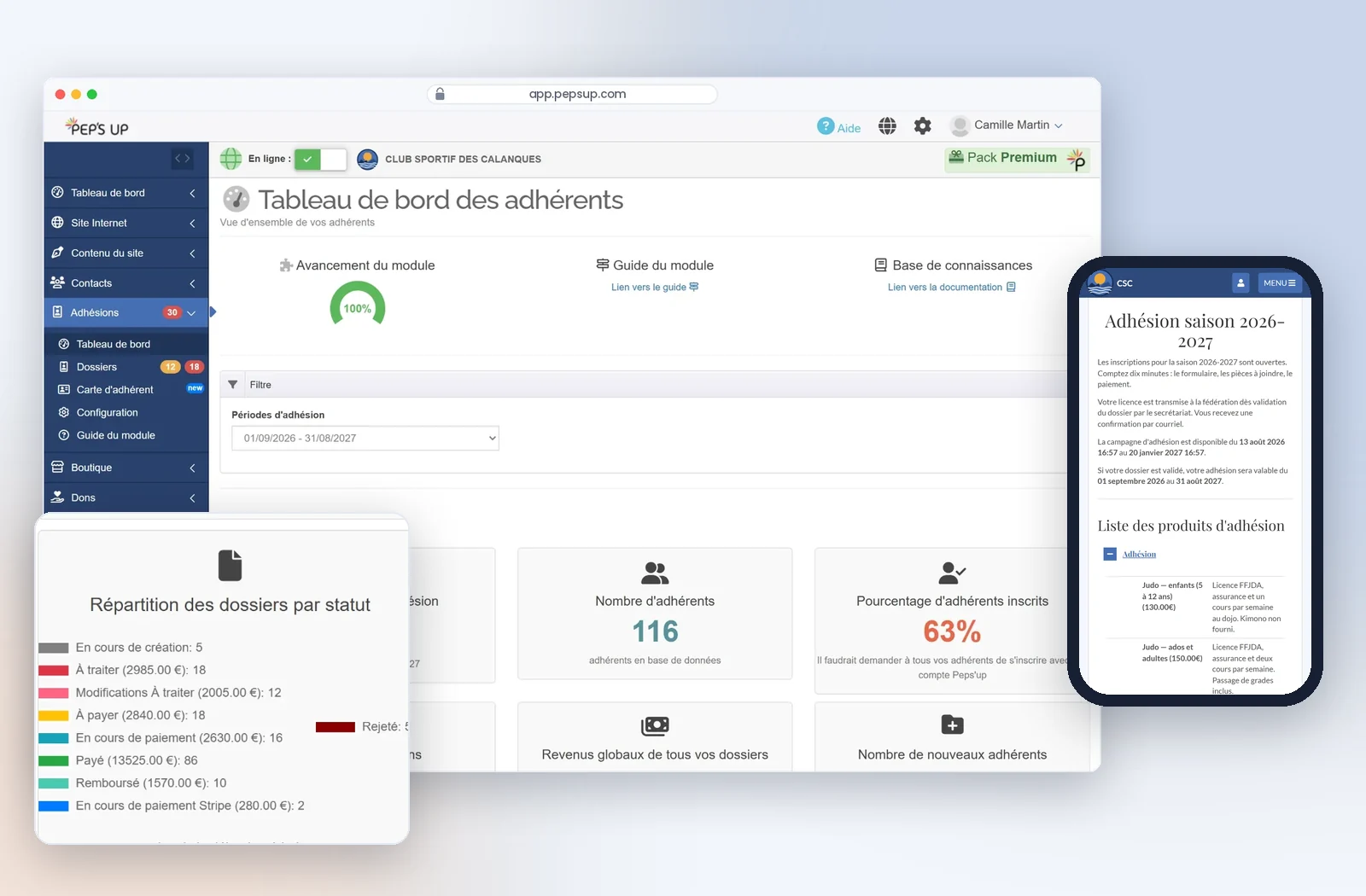 Tableau de bord des adhésions et formulaire d'adhésion sur mobile