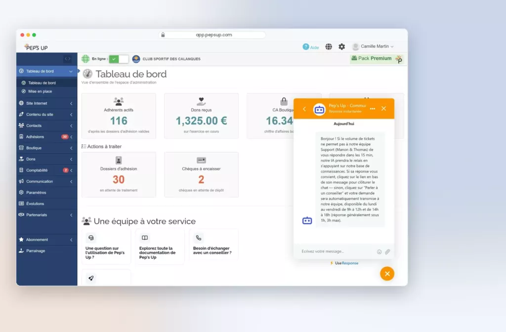 Support Pep's Up accessible depuis le logiciel par tchat