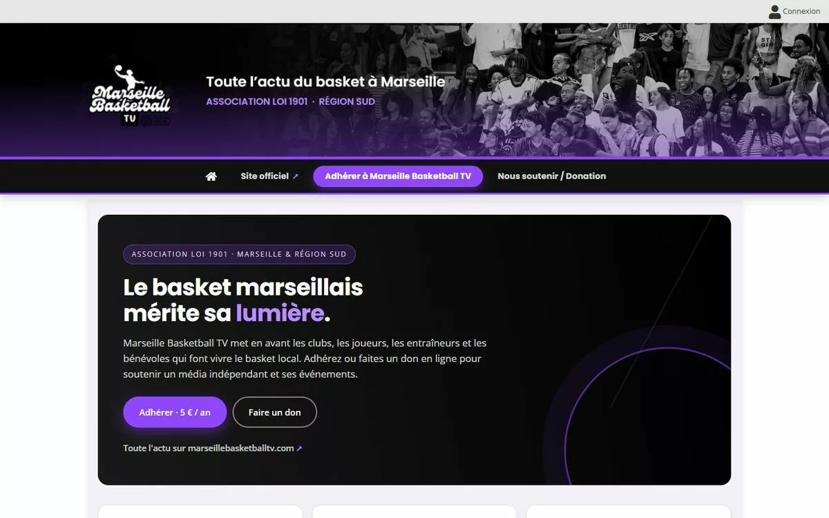 Page d’accueil du site de Marseille Basketball TV