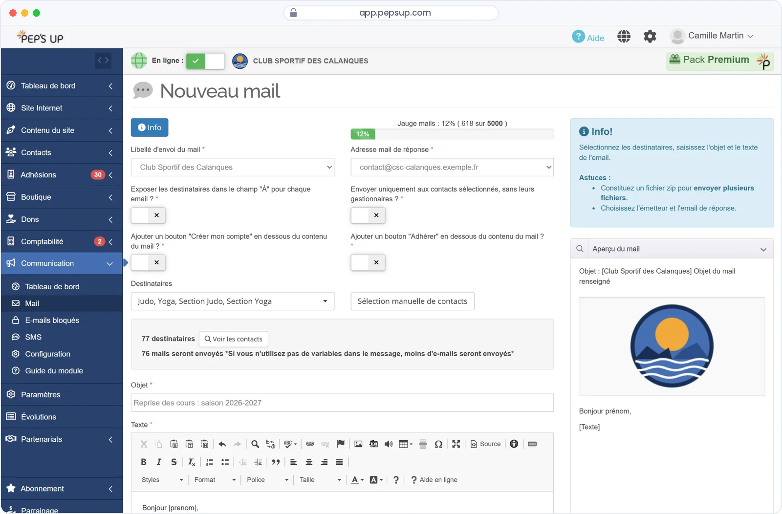 Capture d’écran Pep’s Up : Rédaction d’un e-mail aux membres