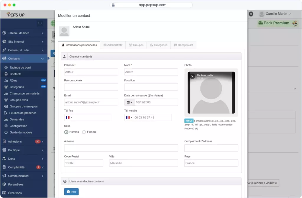 Capture d’écran Pep’s Up : Fiche contact d’un membre