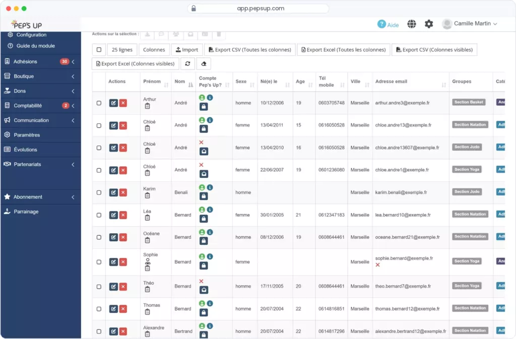 Capture d’écran Pep’s Up : Liste des contacts et rôles