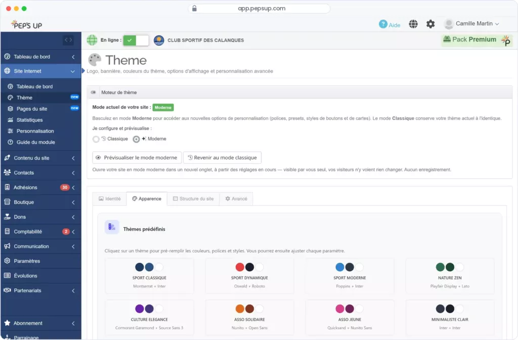 Capture d’écran Pep’s Up : Personnalisation du thème du site